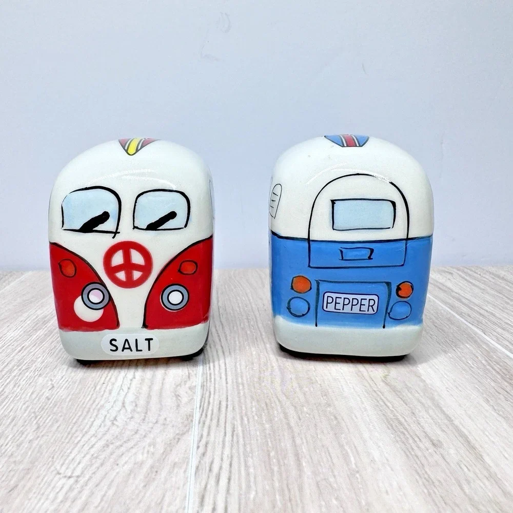 Vintage VW Bus Camper Salt Pepper Shakers Ceramic Red Blue Van Set